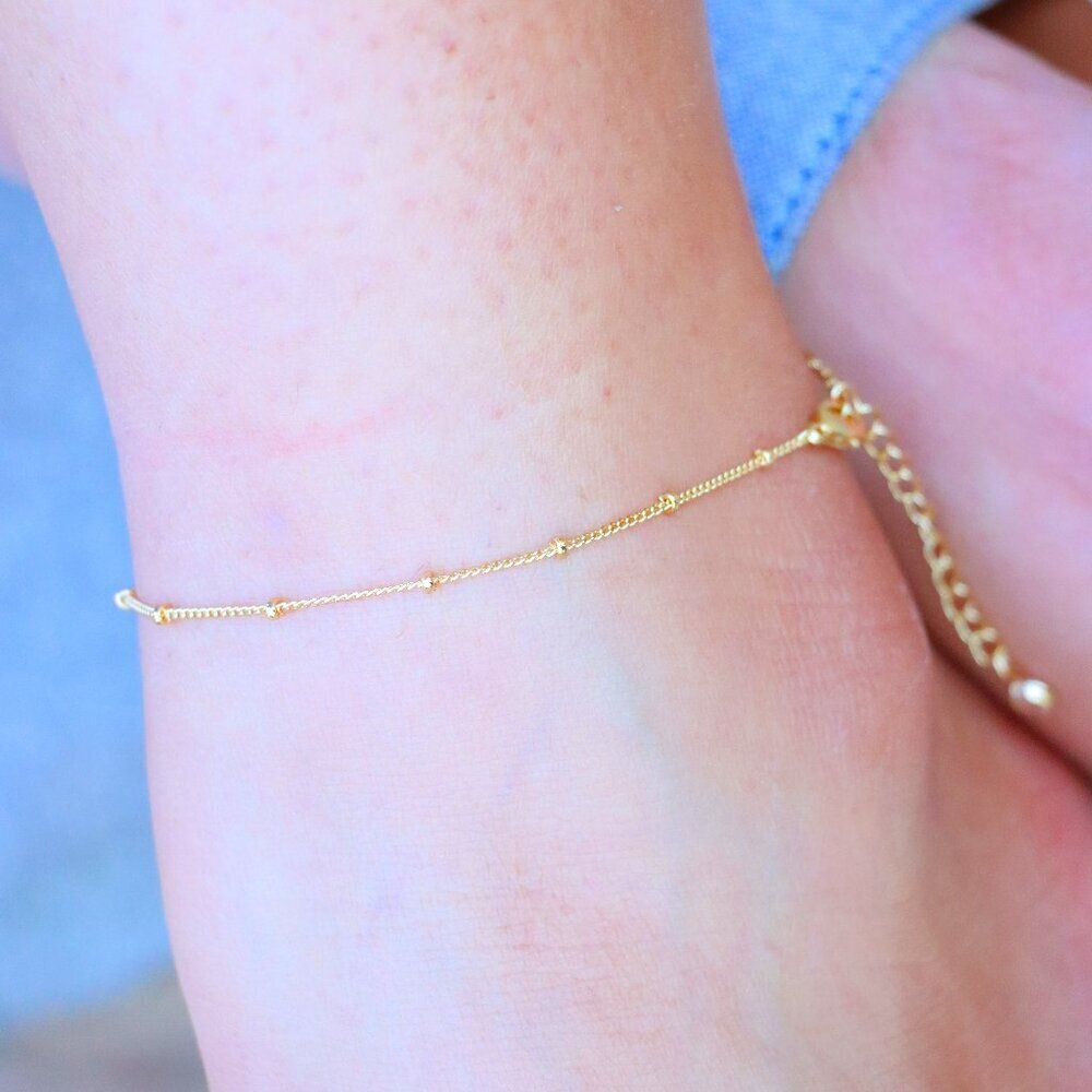 😍💛GORGEOUS ROUNDED BEADS ANKLET ESSENTIAL CHAIN SOLID GOLD BRACELET, ELDM22337